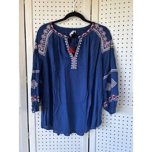 LOFT Women's Lg Blue Red Embroidered Tassel Boho Blouse 3/4 SLV Shirt Rayon